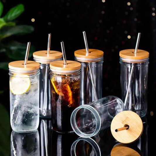 Eco-Friendly Glass Sipping Set with Stainless Straws, 24oz