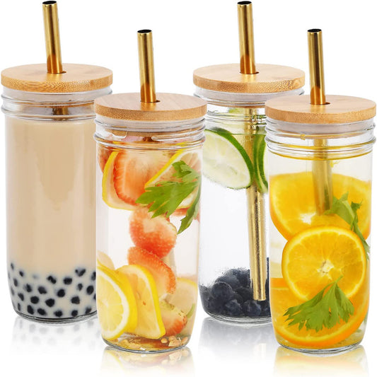 Eco-Friendly Glass Sipping Set with Stainless Straws, 24oz